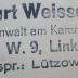 G45II / 1221 (Weissenberg, Curt), Stempel: Name, Ortsangabe, Berufsangabe/Titel/Branche; 'Dr. Curt Weissenberg 
Rechtsanwalt am Kammergericht
Berlin W. 9, Linkstraße 13
Fernspr.: Lützow 5396'.  (Prototyp)