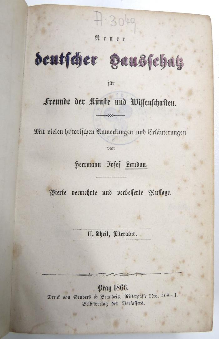 A 3049 (2) : Neuer deutscher Hausschatz für Freunde der Künste und Wissenschaften. II. Theil, Literatur (1866)