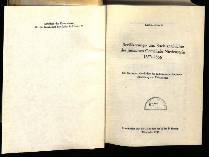 JUD II F8 7380 : Bevölkerungs- und Sozialgeschichte der jüdischen Gemeinde Niedenstein 1653–1866 (1980)