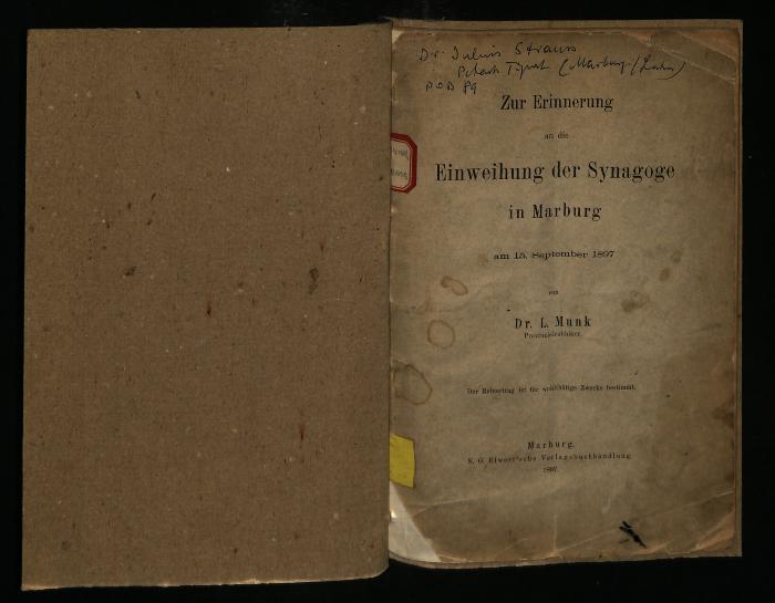 JUD II F8 1763 : Zur Erinnerung an die Einweihung der Synagoge in Marburg (1897)