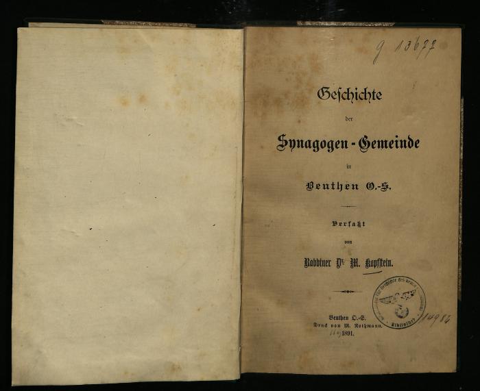 JUD II F8 1882 : Geschichte der Synagogen-Gemeinde in Beuthen O.-S.
 (1891)