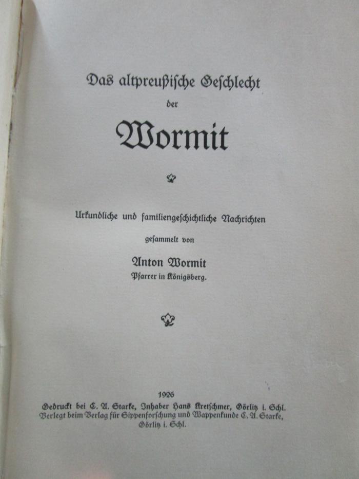 Aa 1475: Das altpreußische Geschlecht der Wormit (1926)