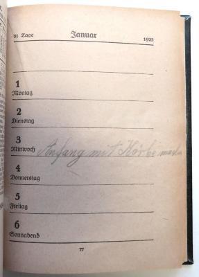 - (Stoffregen, Ernst), Von Hand: Notiz; 'Mittwoch, 3. Januar: [hs. ergänzt:] Anfang mit Körbe machen'. 