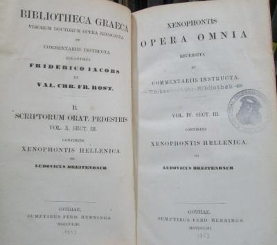 Aa 1456 4,3 - 4,4: Bibliotheca Graeca : virorum doctorum opera. B: Scriptores orationis pedestris. 10: Xenophontis opera omnia
Vol. 4, Sect. 3-4: Xenophontis Hellenica (1853)