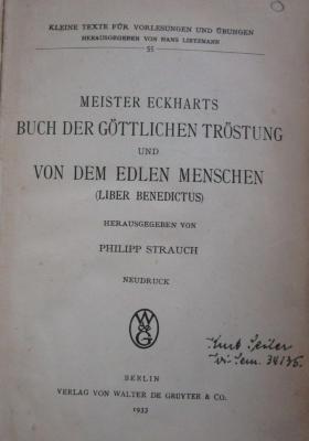 Hk 434: Buch der göttlichen Tröstung und von edlen Menschen (Liber Benedictus) (1933)