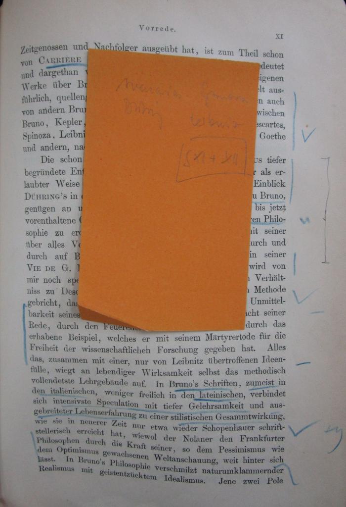 Hk 430: Giordano Bruno's Weltanschauung und Verhängniss (1892);- (unbekannt), Papier: Notiz, Annotation; '[...]
S XI+XII'. 