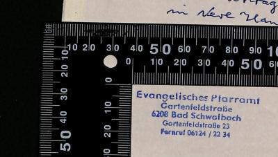 - (Evangelisches Pfarramt), Stempel: Name; 'Evangelisches Pfarramt
Gartenfeldstraße
6208 Bad Schwalbach
Gartenfeldstraße 23
Fernruf 06124 / 22 34
'. 