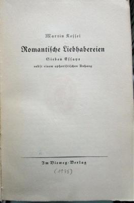 Cc 378: Romantische Liebhabereien : Sieben Essays nebst einem aphoristischen Anhang (1938)