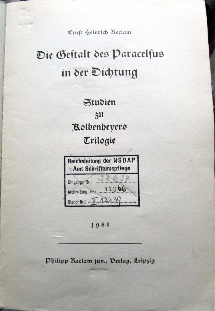 Cc 217: Die Gestalt des Paracelsus in der Dichtung : Studie zu Kolbenheyers Trilogie  (1938)