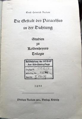 Cc 217: Die Gestalt des Paracelsus in der Dichtung : Studie zu Kolbenheyers Trilogie  (1938)