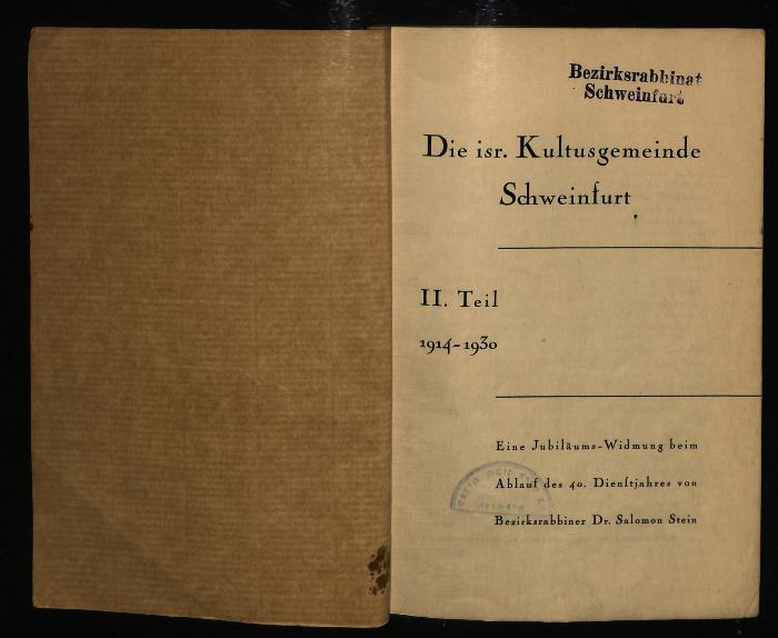 JUD II F8 88 4 : Die isr. Kultusgemeinde Schweinfurt. II. Teil: 1914–1930
