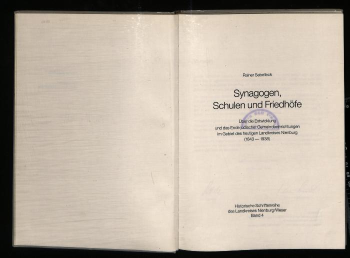 JUD II F8 89 45 : Synagogen, Schulen und Friedhöfe 
Über die Entwicklung und das Ende jüdischer Gemeindeeinrichtungen im Gebiet des heutigen Landkreises Nienburg (1843–1938)
 (1988)