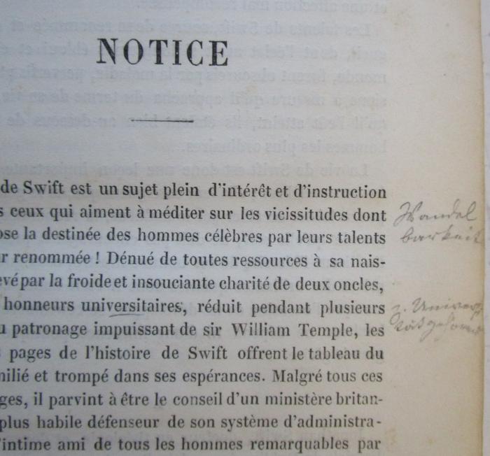 Cq 1408: Voyages de Gulliver dans des contrées lointaines (1841);- (unbekannt), Von Hand: Annotation. 