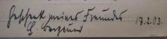 - (Wolff, Paul;Bergeu[..][?], H.[?]), Von Hand: Besitzwechsel: Schenkung, Name, Datum; 'Geschenk meines Freundes
H. Bergeu[..]
17.2.03.'. 