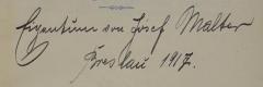 - (Malter, Josef A.), Von Hand: Name, Ortsangabe, Datum; 'Eigentum von Josef Malter, Breslau 1917.'. 