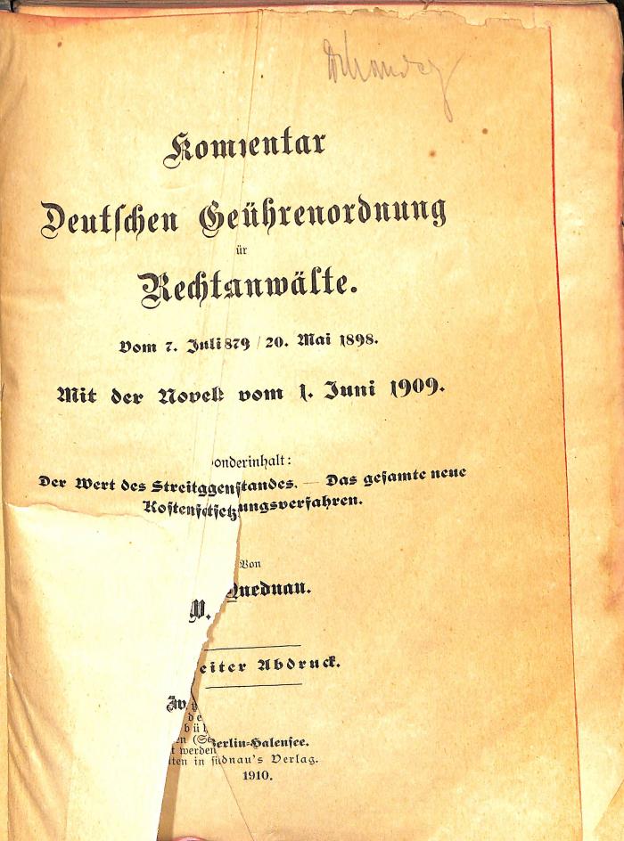 44/14003 : Kommentar zur Deutschen Gebührenordnung für Rechtsanwälte (1910)