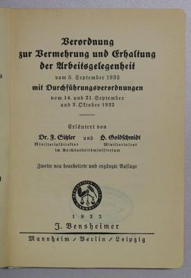 SA 1617&lt;2&gt; : Verordnung zur Vermehrung und Erhaltung der Arbeitsgelegenheit vom 5. September 1932 : mit Durchführungsverordnunge vom 14, u. 21. Sept. u. 3. Okt. 1932. (1932)