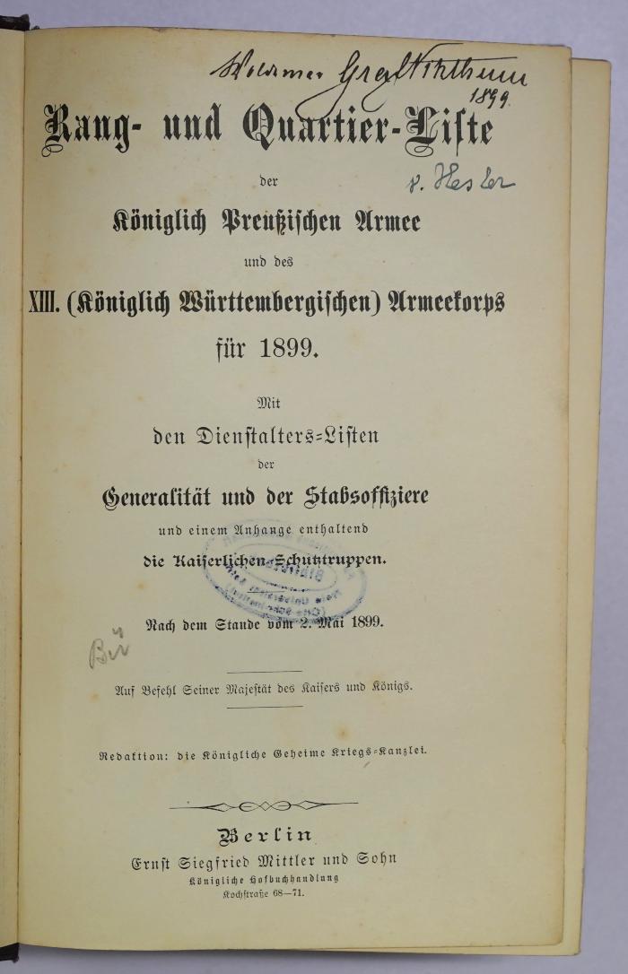 SA 2033 : Rang- und Quartier-Liste der Königlich Preußischen Armee und des XIII. (Königlich Württembergischen) Armeekorps für 1899. (1899)