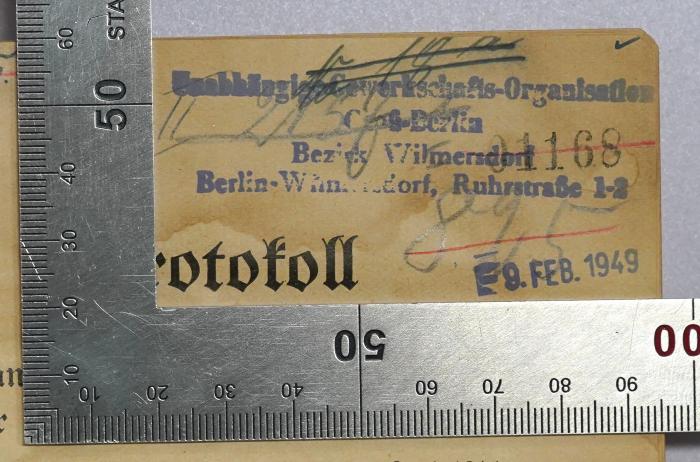 SA 1352-9b : Protokoll der Verhandlungen des neunten Kongresses der Gewerkschaften Deutschlands
 (1914);- (Unabhängige Gewerkschaftsorganisation), Stempel: Berufsangabe/Titel/Branche, Ortsangabe; 'Unabhängige Gewerkschafts-Organisation Groß-Berlin Bezirk Wilmersdorf Berlin-Wilmersdorf, Ruhrstraße 1-2'.  (Prototyp)