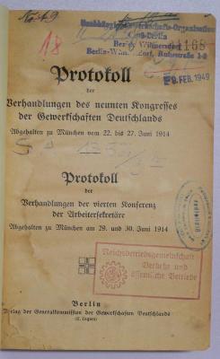 SA 1352-9b : Protokoll der Verhandlungen des neunten Kongresses der Gewerkschaften Deutschlands
 (1914)