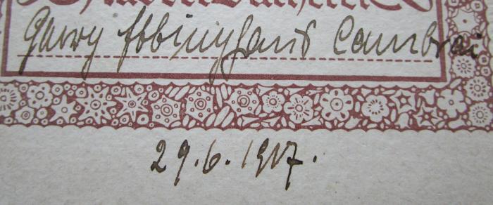 L 226 / 21 1: Die blaue Blume : Romantikerzählungen. Novalis I. (1912);- (Ebbinghaus, Garry[?]), Von Hand: Autogramm, Name, Datum, Ortsangabe; 'Garry Ebbinghaus Cambrai
29.6.1917'. 