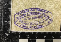 - (Verband der Böttcher, Weinküfer und Hilfsarbeiter Deutschlands), Stempel: Name, Ortsangabe; 'Verband der Böttcher, Weinküfer und Hilfsarbeiter Deutschlands, Filiale Berlin SO 16, Büro: Engelufer'.  (Prototyp)