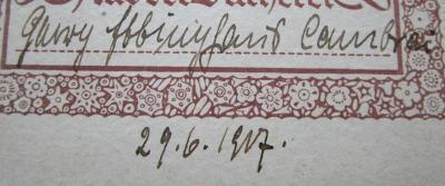 L 226 / 21 1: Die blaue Blume : Romantikerzählungen. Novalis I. (1912);- (Ebbinghaus, Garry[?]), Von Hand: Autogramm, Name, Datum, Ortsangabe; 'Garry Ebbinghaus Cambrai
29.6.1917'. 