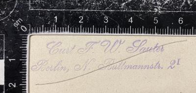 - (Sauter, Curt;Verband der Böttcher, Weinküfer und Hilfsarbeiter Deutschlands), Stempel: Name; 'Curt F. W. Sauter 
Berlin, N. Buttmannstr. 2 I'.  (Prototyp)