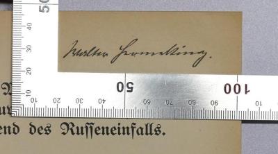 SA 3090 : Meine Erlebnisse als Gouverneur von Insterburg während des Russeneinfalls (1916);- (Hermeking, Walter), Von Hand: Autogramm, Name; 'Walter Hermeking'. 