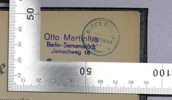 SA 2019-1 und -2 : Koloniale Zeitfragen (1916);- (Martinius, Otto;Martinius, Hermann), Stempel: Name, Ortsangabe; 'Otto Martinus Berlin-Siemensstadt Janischweg 16'. 