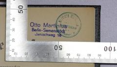 - (Martinius, Otto;Martinius, Hermann), Stempel: Name, Ortsangabe; 'Otto Martinus Berlin-Siemensstadt Janischweg 16'. 