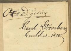 - (Lidnell, Andus;Stenberg, Carl;Gragkowski[?], Harry[?]), Von Hand: Name; 'Wigelius [?]. Carl Stenberg. Carlsbad 1810'. 