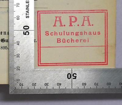 Ig 85-Suppl.,1a : Handwörterbuch der Staatswissenschaften. Suppl.,1, Abzahlungsgeschäfte - Wollzoll / (1895);- (A. P. A. Schulungshaus Bücherei), Stempel: Name; 'A. P. A. Schulungshaus Bücherei'. 