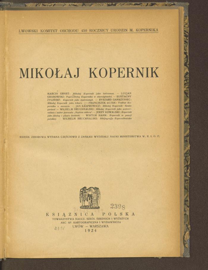 Oh 1242:F8 : Mikołaj Kopernik : Lwowski komitet obchodu 450 rocznicy urodzin M. Kopernika. (1924)