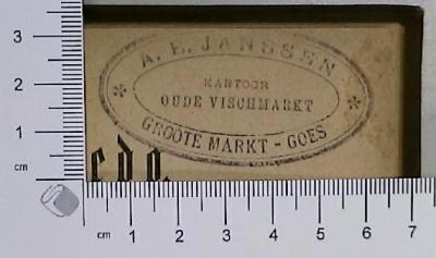 - (Janssen, A.E.), Stempel: Exlibris; 'A.E. Janssen 
Kantoor Oude Vischmarkt
Groote Markt - Goes'.  (Prototyp)