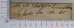 - (Seeger, A.), Von Hand: Besitzwechsel; 'Abs. A. Seeger Düsseldorf Clever Str. Nr. 60.'. 