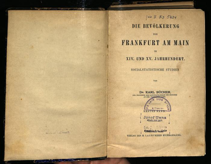 JUD II F3 5934 : Die Bevölkerung von Frankfurt am Main im XIV. und XV. Jahrhundert. Sozialstatistische Studien