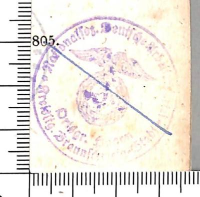 - (Nationalsozialistische Deutsche Arbeiterpartei. Kreisleitung Braunschweig-Stadt. Ortsgruppe Hagen), Stempel: Name; 'Nationalsoz. Deutsche Arbeiterpartei / Kreisltg. Braunschweig-Stadt / Ortsgr. Hagen'. 
