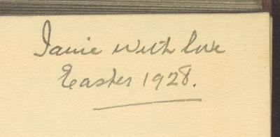 - (Janie Behrend-Middleton), Von Hand: Widmung; 'Janie with love Easter 1928'. 