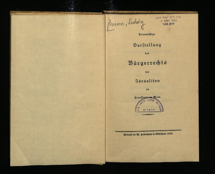 JUD II F3 5974 : Actenmäßige Darstellung des Bürgerrechts der Israeliten zu Frankfurt am Main (1816)