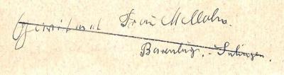 - (Mellahn[?], [?];unbekannt), Von Hand: Widmung; 'Gewidmet Frau Mellahn[?]. / Barenburg, Sulingen. '. 