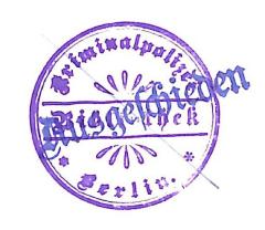 - (Kriminalpolizei Berlin), Stempel: Name; 'Kriminalpolizei Berlin / Bibliothek [überstempelt:] Ausgeschieden'. 