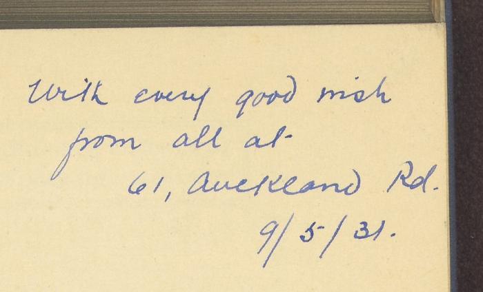 - (Janie Behrend-Middleton;Fritz Behrend), Von Hand: Widmung; ' With every good wish from all at 61, Auckland Rd. 9/5/31'. 