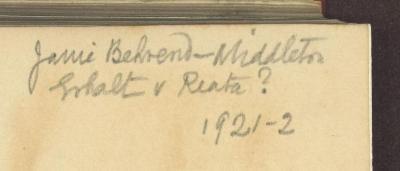 - (Janie Behrend-Middleton;Fritz Behrend), Von Hand: Notiz; 'Janie Behrend-Middleton Erhalt v Reata ? 1921-2'. 