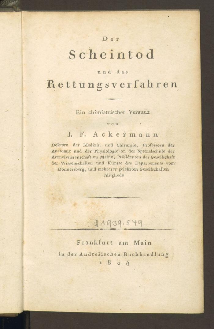 Ih 64317:F8 : Der Scheintod und das Rettungsverfahren : ein chimiatrischer Versuch. (1804)