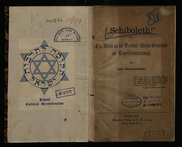 JUD II F1 1908 : „Schiboleth!“ Ein Wort an die Berliner jüdische Gemeinde zur Repräsentantenwahl. (1865)