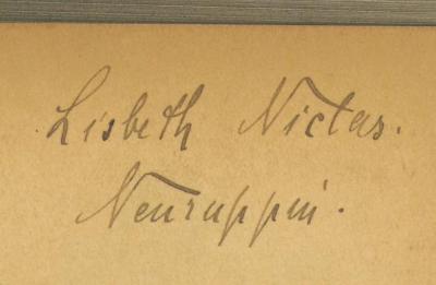- ( Niclas, Lisbeth), Von Hand: Name; 'Lisbeth Niclas, Neuruppin'. 