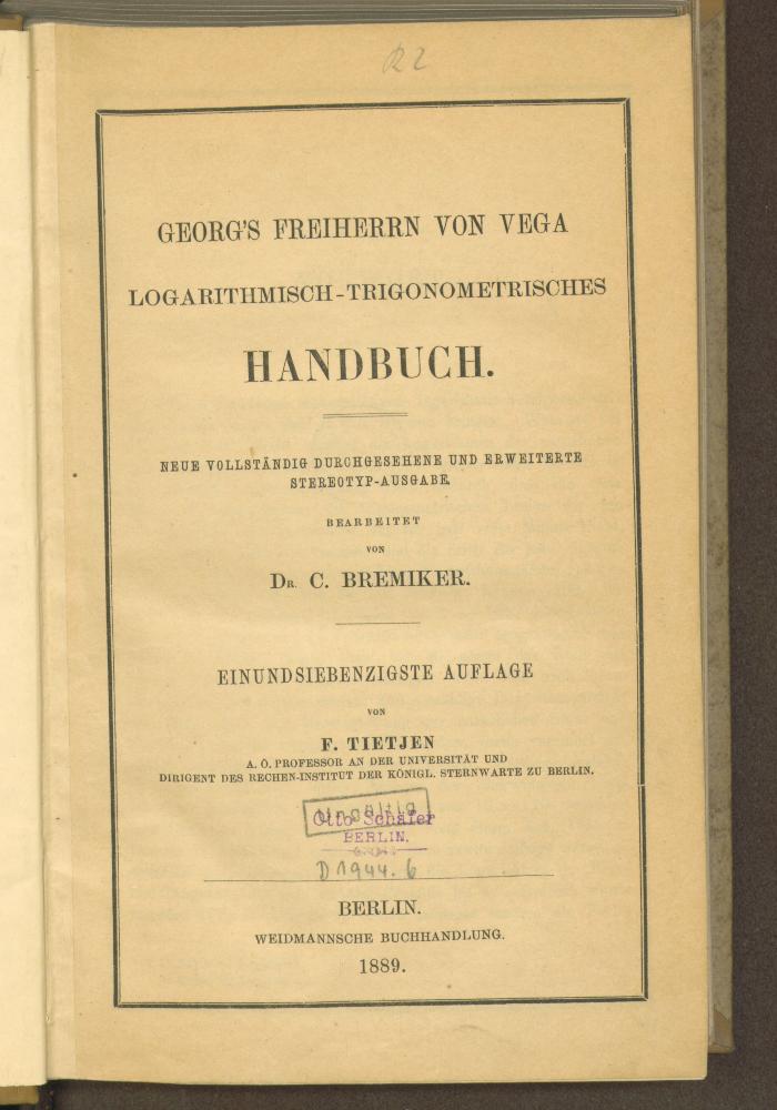 O 9374'71':F8 : Logarithmisch-trigonometrisches Handbuch. (1889)