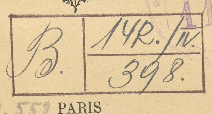 - (Ministere des Pensions Bibliotheque), Stempel: Inventar-/ Zugangsnummer; 'B. 14R./III 398'. 