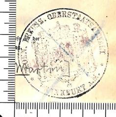 - (Königlich Preussischer Oberstaatsanwalt (Frankfurt a.M.)), Stempel: Name, Ortsangabe, Wappen; 'KOEN. PREUSS. OBERSTAATSANWALT / FRANKFURT A. M.'. 